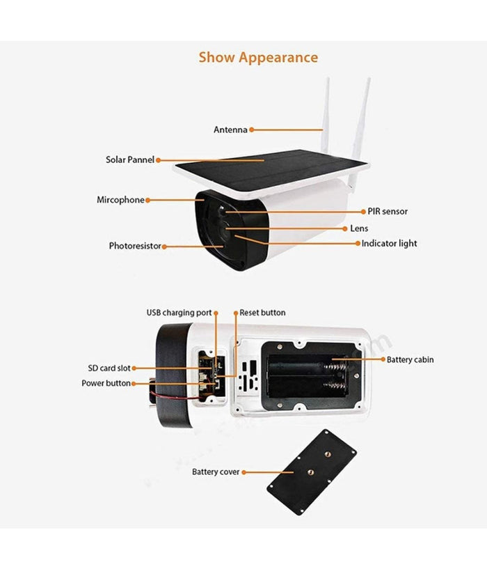 Telecamera 1080p Wifi Wireless Cctv Pannello Solare Visione Notturna Ir Allarme         