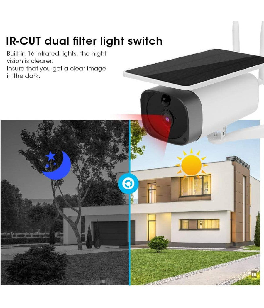Telecamera 1080p Wifi Wireless Cctv Pannello Solare Visione Notturna Ir Allarme         