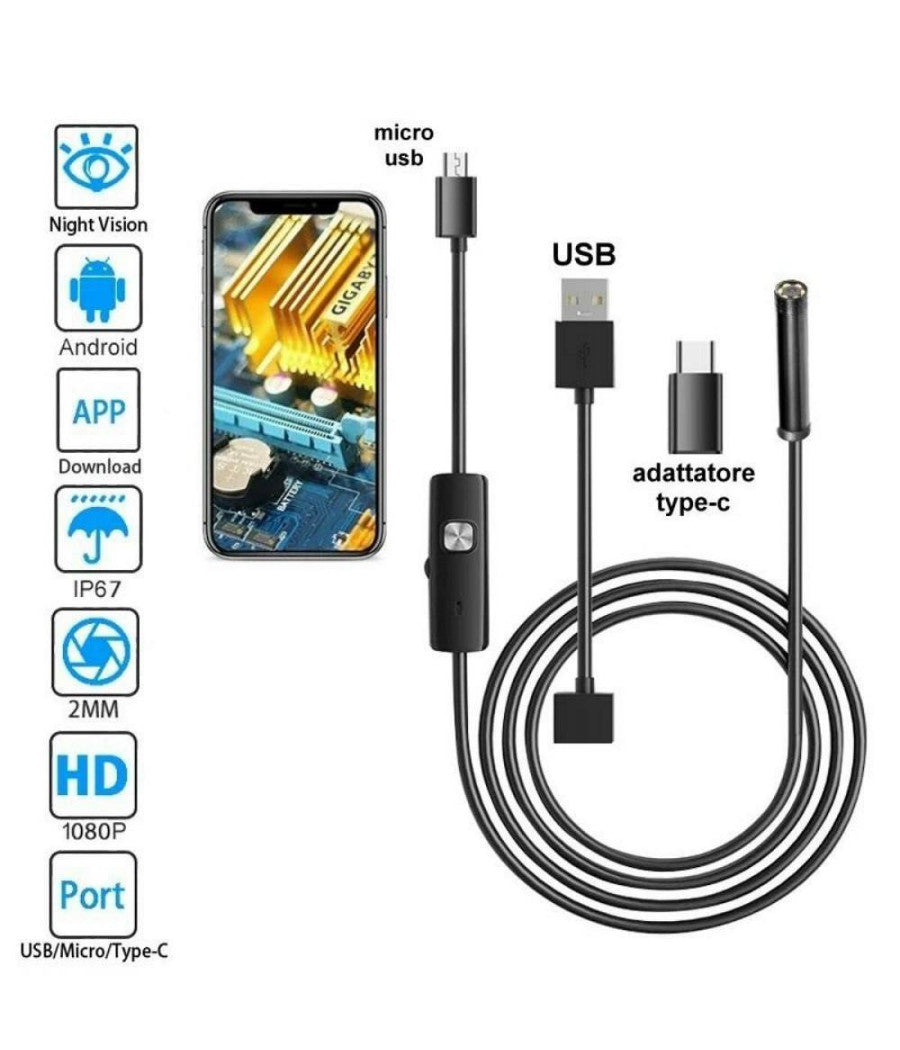 Telecamera Endoscopica 10 Mt Type-c Usb Mini Usb F Flessibile Impermeabile 6 Led         