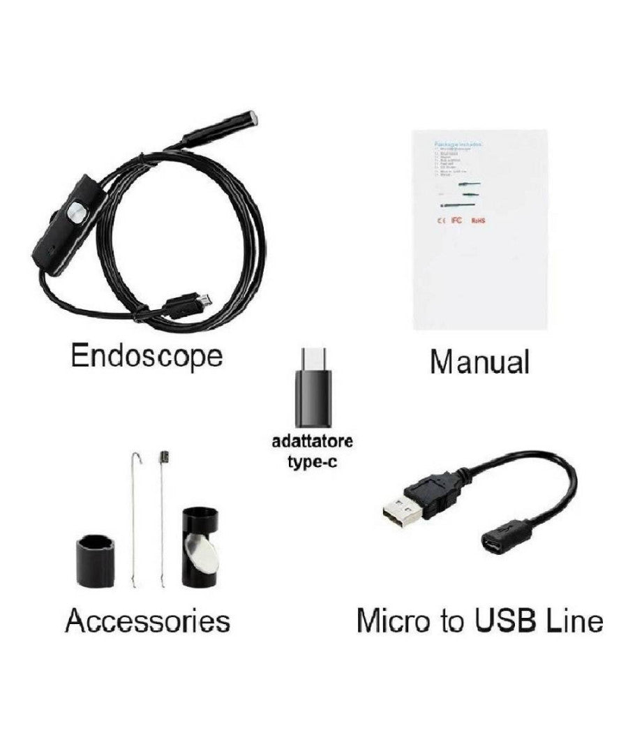 Telecamera Endoscopica 10 Mt Type-c Usb Mini Usb F Flessibile Impermeabile 6 Led         