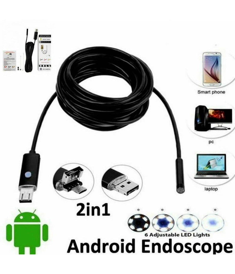 Telecamera Endoscopica 2 Metri Tubo Flessibile Usb 6 Led Impermeabile Ispezione         