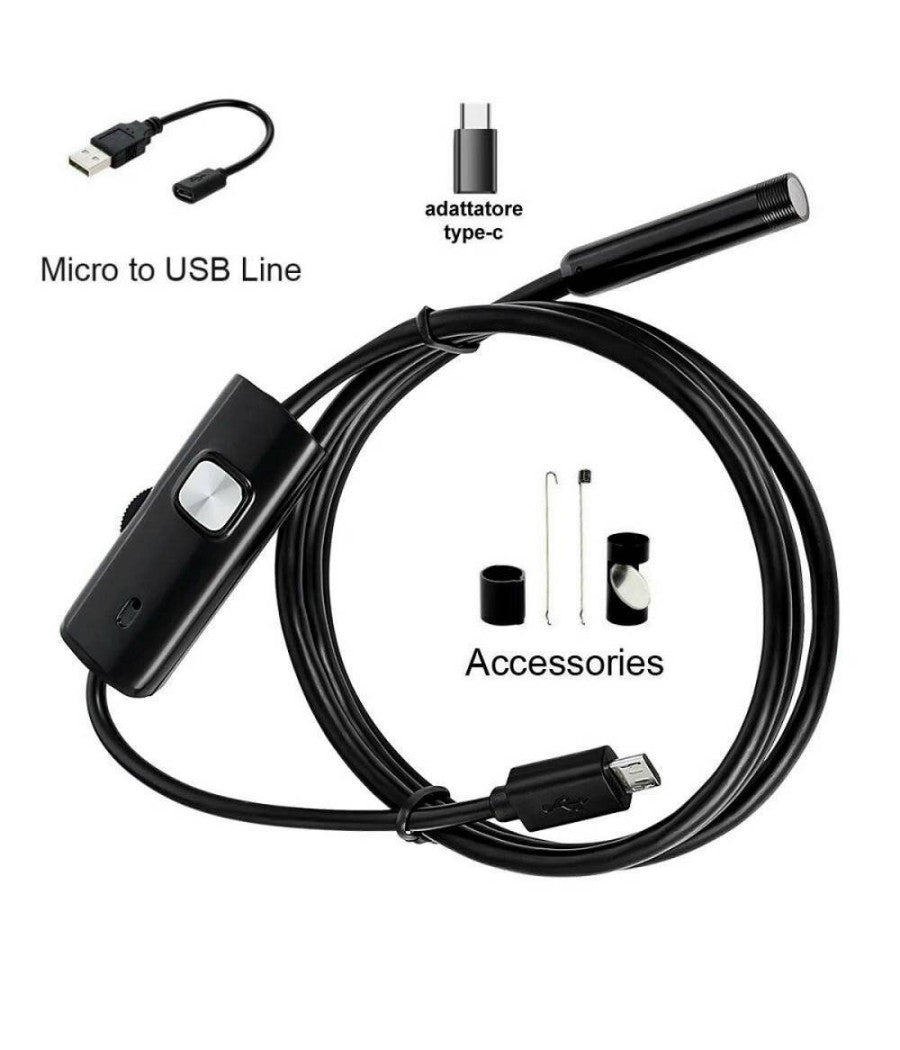 Telecamera Endoscopica 5 Mt Type-c Usb Mini Usb F Flessibile Impermeabile 6 Led         