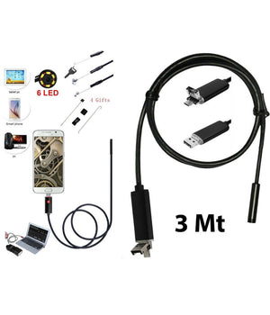 Telecamera Endoscopica 6 Led Tubo Flessibile Usb 3 Mt Impermeabile Ispezione         