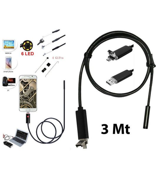Telecamera Endoscopica 6 Led Tubo Flessibile Usb 3 Mt Impermeabile Ispezione         