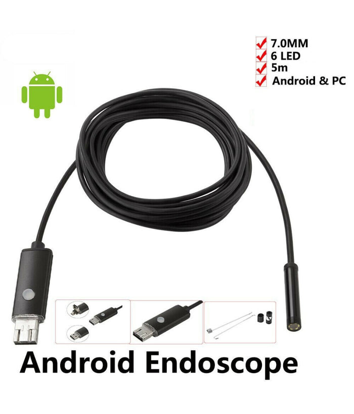 Telecamera Endoscopica 6 Led Tubo Flessibile Usb 5 Mt Impermeabile Ispezione         