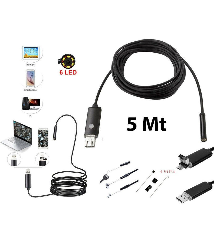 Telecamera Endoscopica 6 Led Tubo Flessibile Usb 5 Mt Impermeabile Ispezione         