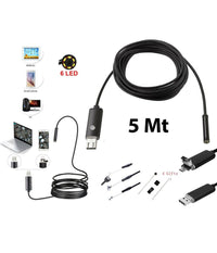 Telecamera Endoscopica 6 Led Tubo Flessibile Usb 5 Mt Impermeabile Ispezione         