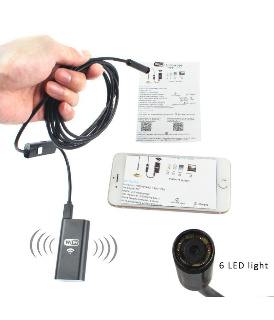 Telecamera Endoscopica Per Ispezione Wifi Per Smartphone 6 Led Mt Ip67         