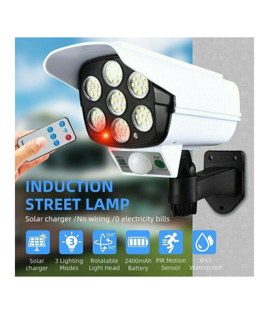 Telecamera Finta Pannello Solare Con Sensore Di Movimento 77 Led Faretto Luce         