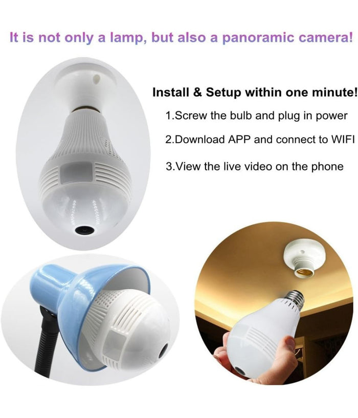 Telecamera Ip Wifi Lampadina Led Occhio Camera Nascosta Spia E27 180° Panoramica         