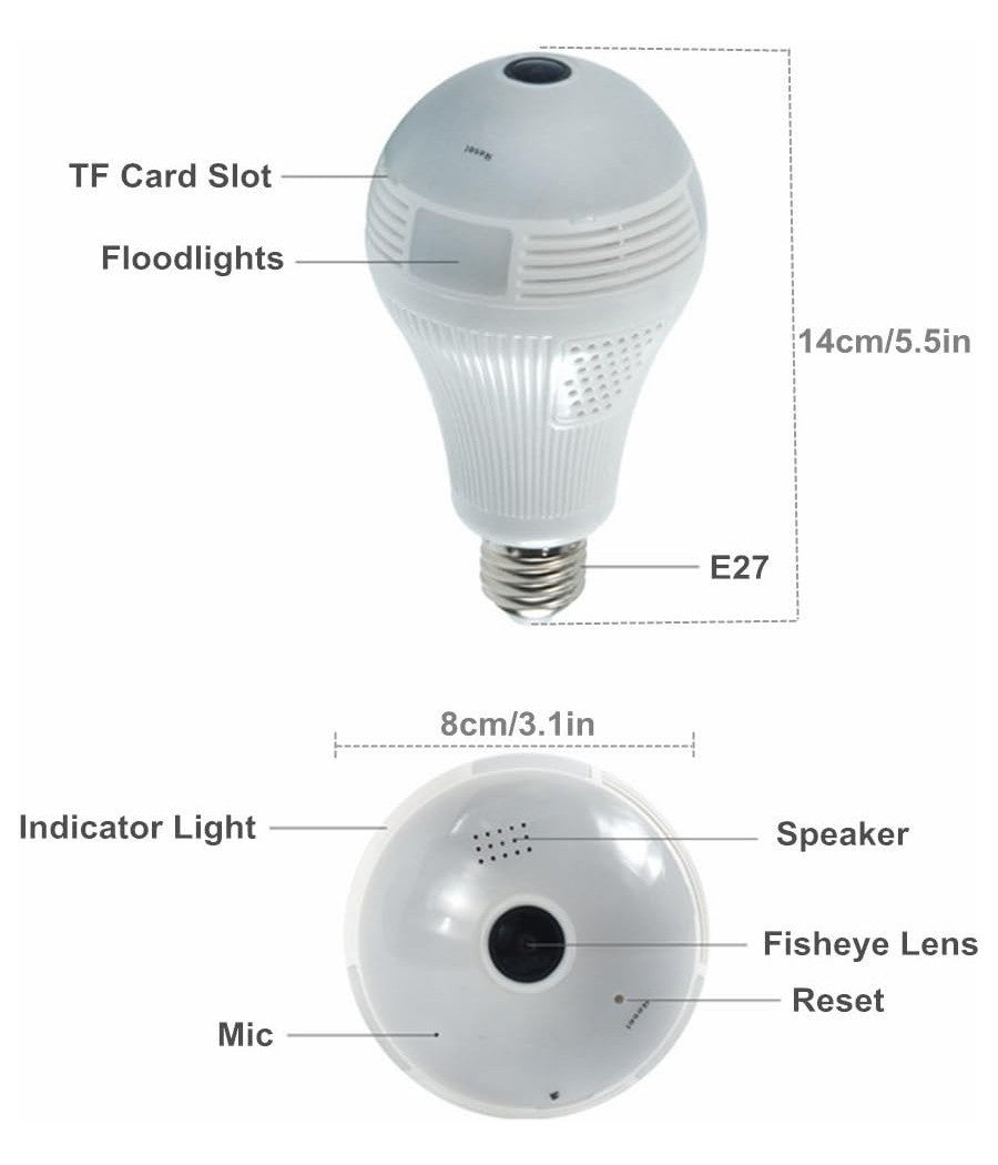 Telecamera Ip Wifi Lampadina Led Occhio Camera Nascosta Spia E27 180° Panoramica         