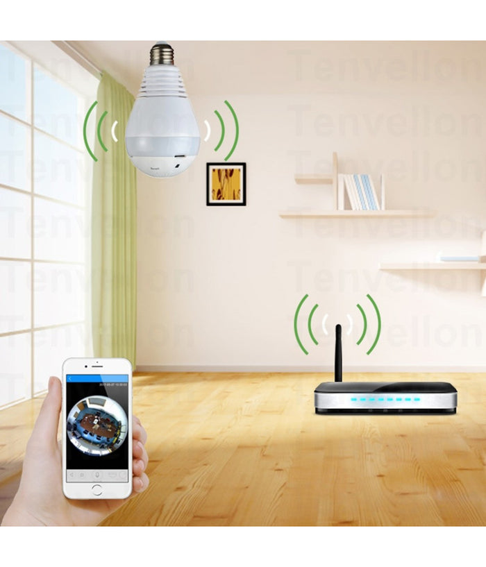 Telecamera Ip Wifi Lampadina Led Occhio Camera Nascosta Spia E27 180° Panoramica         