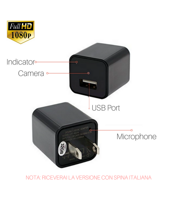 Telecamera Nascosta Spycam Caricatore Batteria Smartphone Adattatore Usb 32gb Hd         