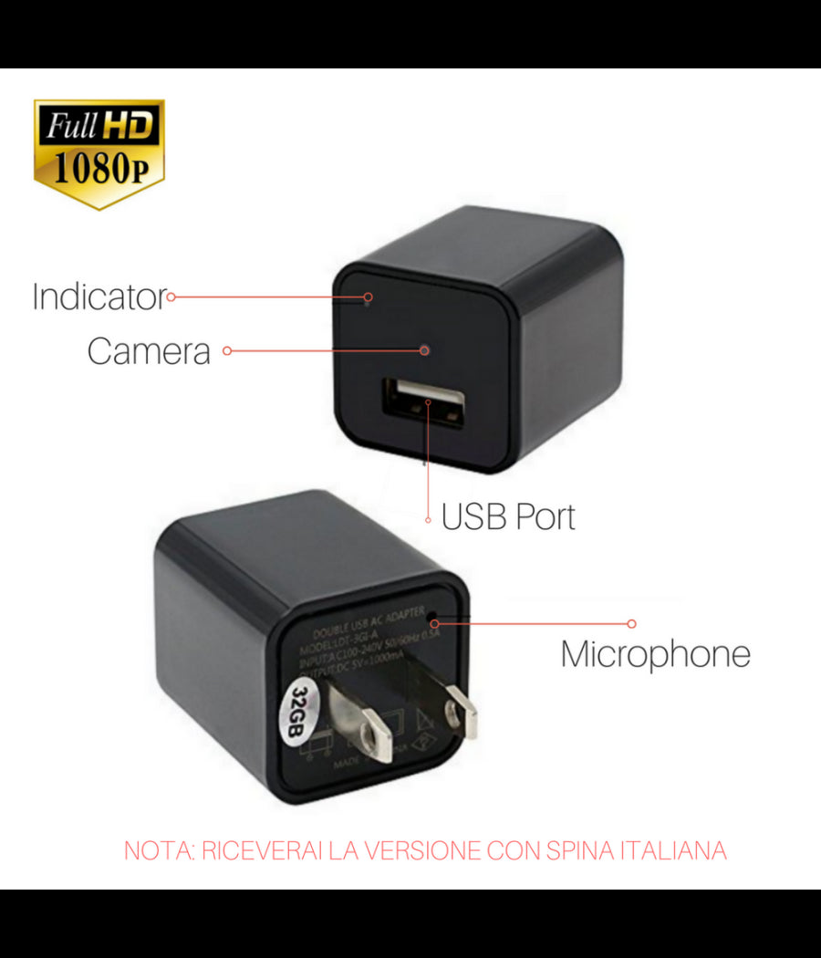 Telecamera Nascosta Spycam Caricatore Batteria Smartphone Adattatore Usb 32gb Hd         