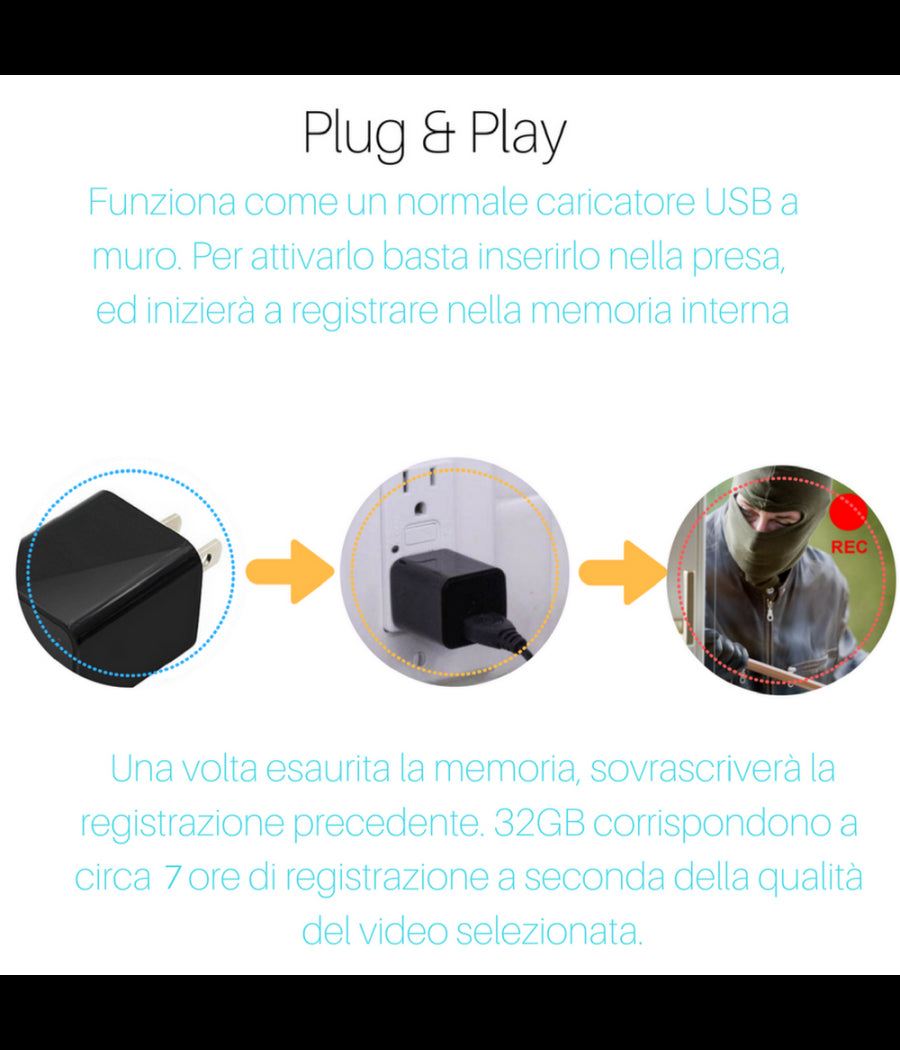 Telecamera Nascosta Spycam Caricatore Batteria Smartphone Adattatore Usb 32gb Hd         