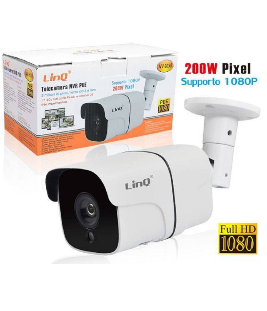 Telecamera Nvr Nv-2038 200w Poe Ip66 12led Lente 3.6mm Supporto 1080p Infrarossi         