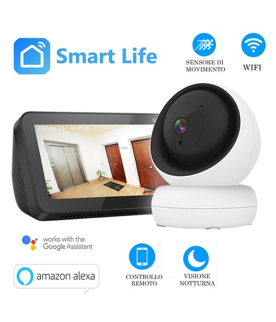 Telecamera Smart Ip Cam Wifi Lente 3.6mm Sensore Movimento Notturna Alexa Google         