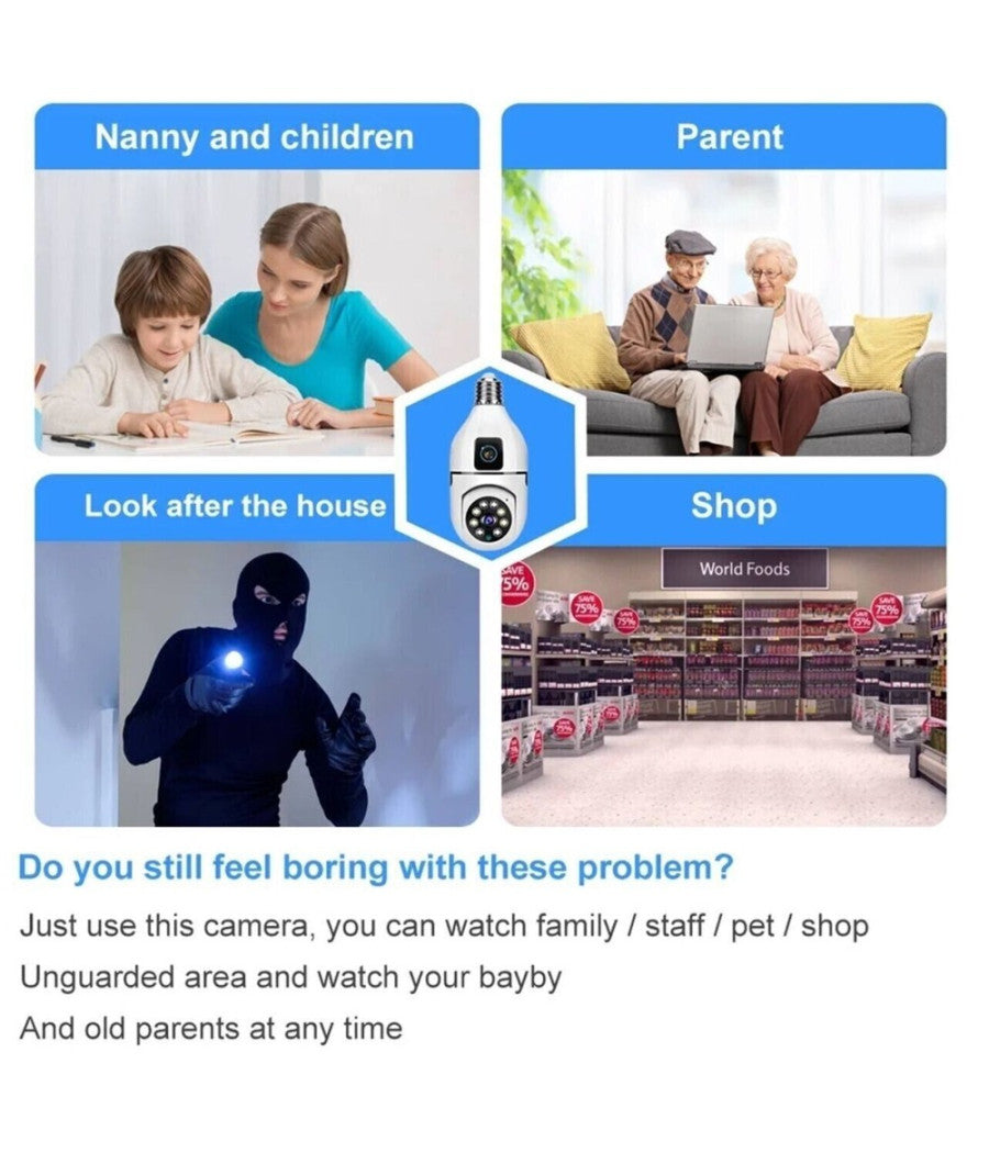 Telecamera Wifi Da Interno Esterno 5 Mp Videocamera Lampadina Con Doppia Lente         