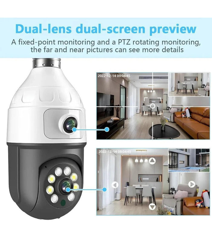 Telecamera Wifi Da Interno Esterno 5 Mp Videocamera Lampadina Con Doppia Lente         