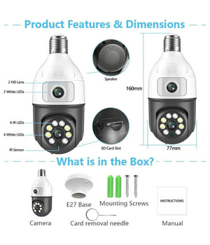 Telecamera Wifi Da Interno Esterno 5 Mp Videocamera Lampadina Con Doppia Lente         
