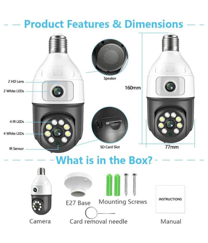 Telecamera Wifi Da Interno Esterno 5 Mp Videocamera Lampadina Con Doppia Lente         