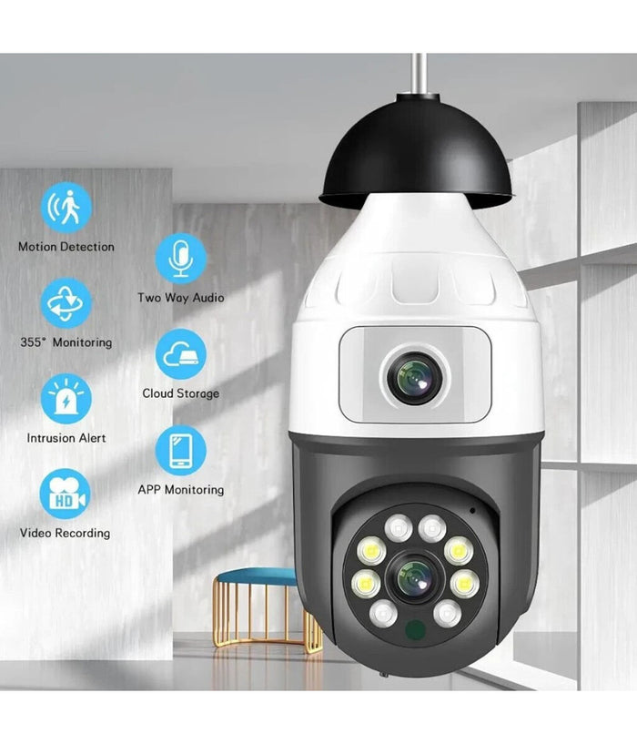 Telecamera Wifi Da Interno Esterno 5 Mp Videocamera Lampadina Con Doppia Lente         