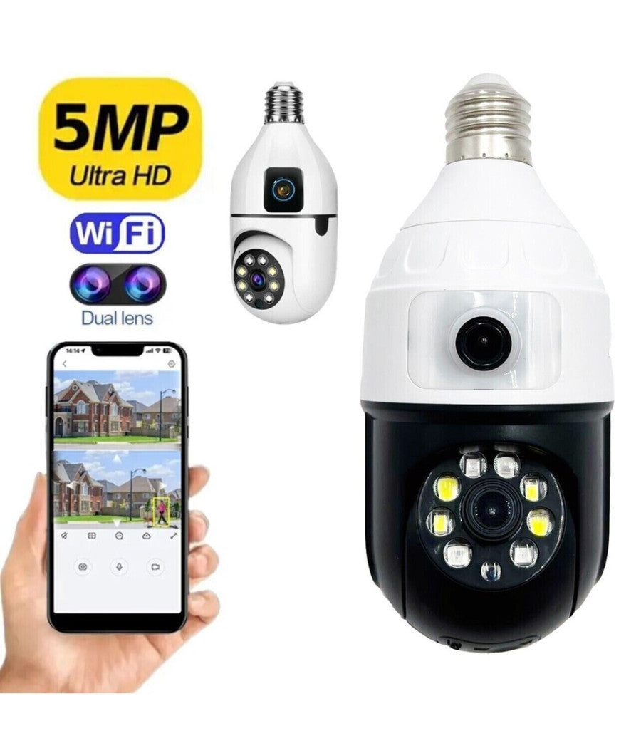 Telecamera Wifi Da Interno Esterno 5 Mp Videocamera Lampadina Con Doppia Lente         
