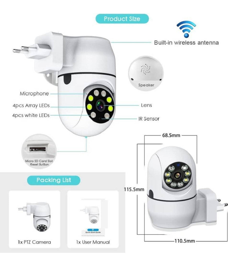 Telecamera Wireless Con Spina 360° Rilevamento Movimento Tracciamento Automatico         