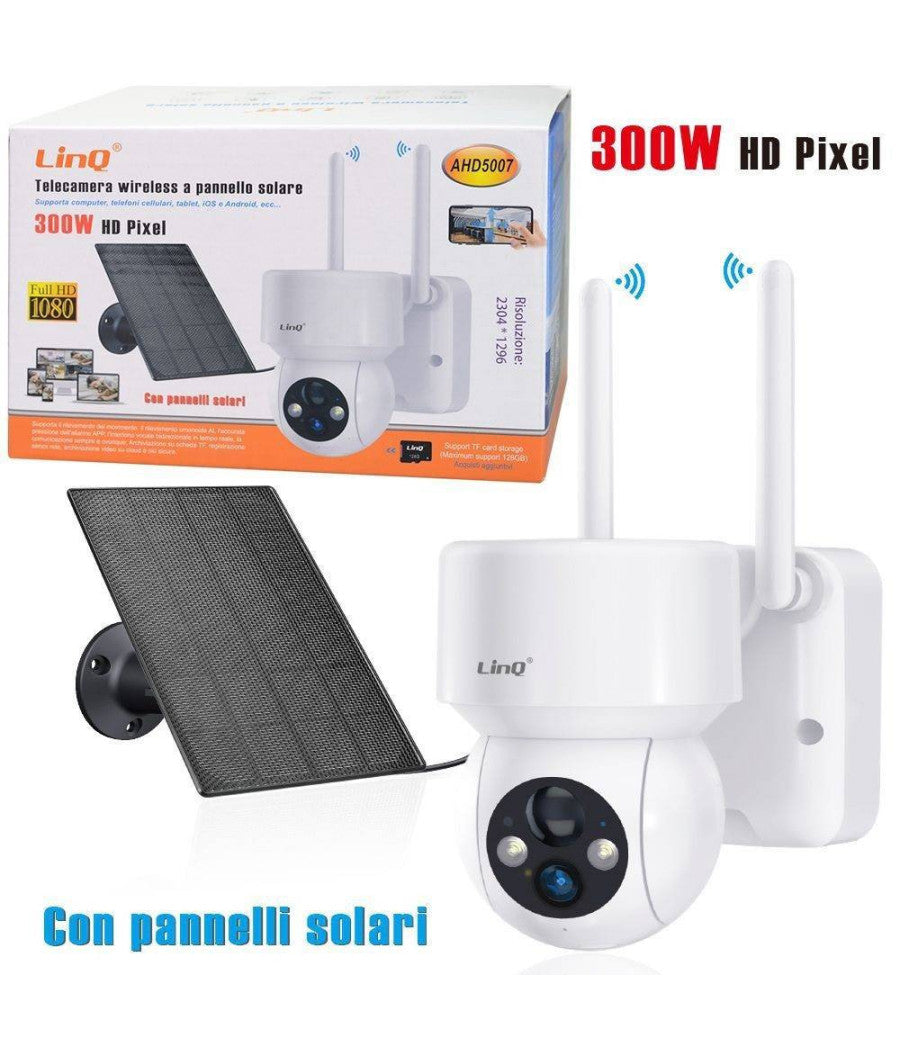 Telecamera Wireless Ricaricabile A Pannello Solare 300w Hd Pixel Full Hd 1080 Ahd5007         