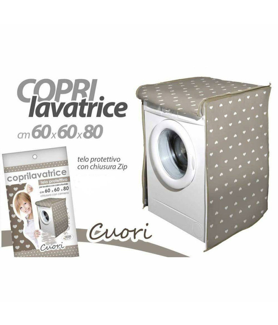 Telo Copertura Lavatrice Protezione Tessuto Chiusura Zip Cuori Tortora 60x60x80cm         