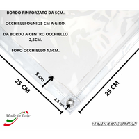 Telo PVC Cristal 5x1m, Spessore 0,65MM, 750g/m² - Trasparente IGNIFUGO con Occhielli 25cm - Resistente UV & Impermeabile - Made in Italy