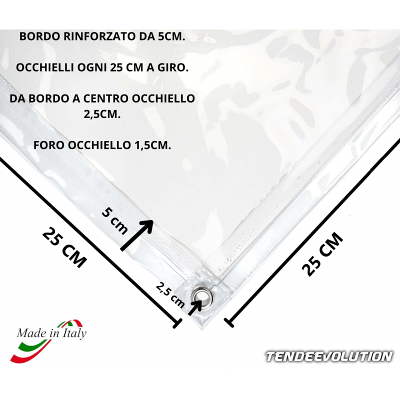Telo PVC Cristal 1,8x4m, Spessore 0,65MM, 750g/m² - Trasparente IGNIFUGO con Occhielli 25cm - Resistente UV & Impermeabile - Made in Italy