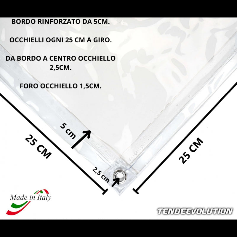 Telo PVC Cristal 5x4m, Spessore 0,65MM, 750g/m² - Trasparente IGNIFUGO con Occhielli 25cm - Resistente UV & Impermeabile - Made in Italy