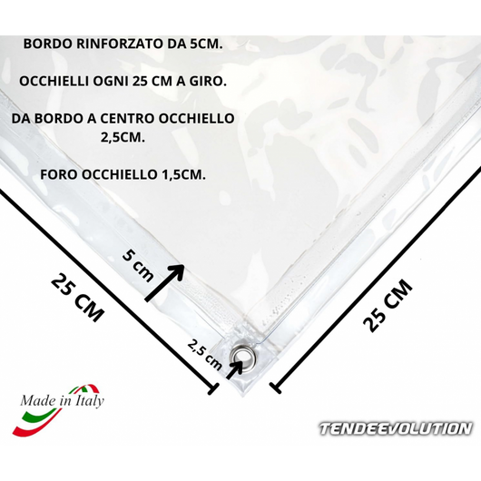 Telo PVC Trasparente 2,7x5m, 0,50mm Spessore, 650g/m² - Telo Cristal con Occhielli Ogni 25cm - Anti-UV, Impermeabile - Qualità Made in Italy