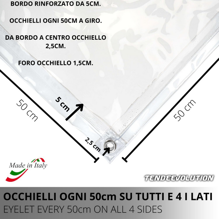 Telo PVC Trasparente 2,7x1m, 0,50mm Spessore, 650g/m² - Telo Cristal con Occhielli Ogni 50cm - Anti-UV, Impermeabile - Qualità Made in Italy
