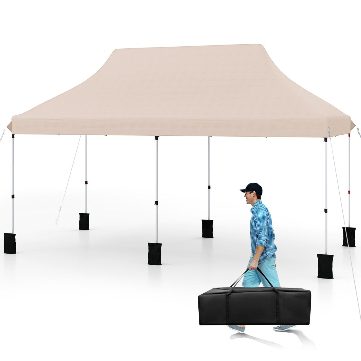Gazebo pieghevole e portatile da esterno con borsa da trasporto, Rifugio per ombra istantanea per feste 300 x 600 cm Beige-Tende parasole