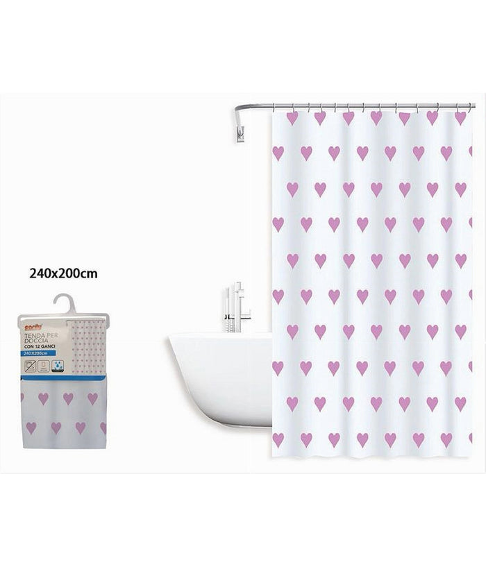 Tenda Da Doccia Vasca Bagno Impermeabile 12 Ganci Con Cuori Rosa 240x200cm 87092         