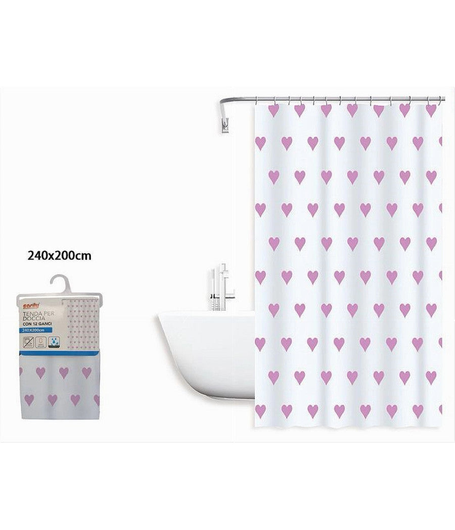 Tenda Da Doccia Vasca Bagno Impermeabile 12 Ganci Con Cuori Rosa 240x200cm 87092         
