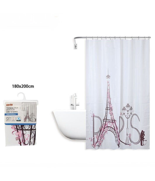 Tenda Doccia Antimuffa Impermeabile 180x200cm Con Anelli Bagno Scritta Paris 87048         