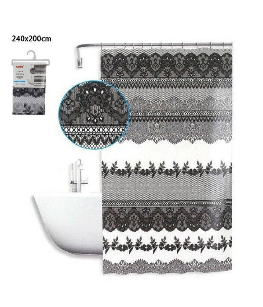 Tenda Doccia Antimuffa Impermeabile 240x200 Cm Con Anelli Bagno Pizzo Nero 59522         