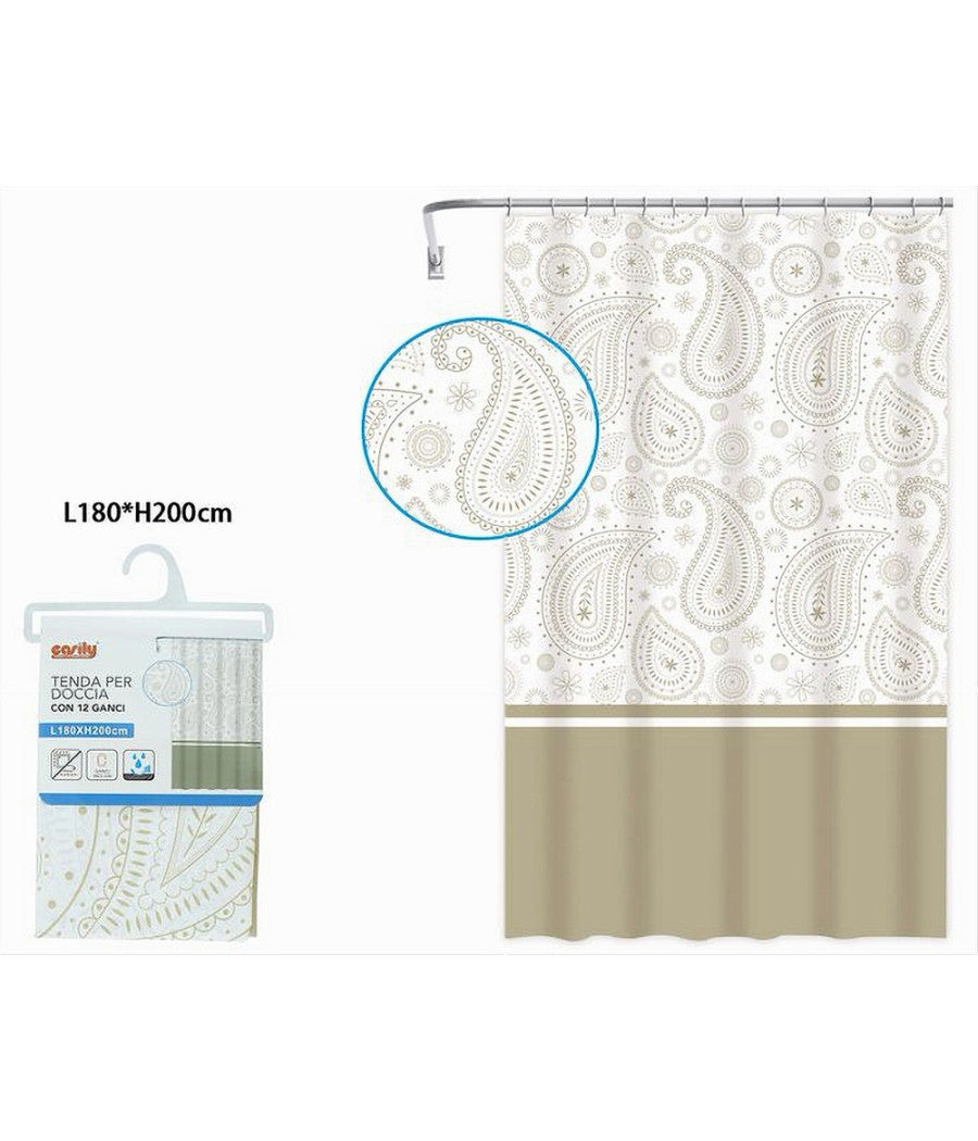 Tenda Doccia Vasca Bagno 12 Anelli 180 X 200cm Motivo Paisley Etnico Beige 87583         