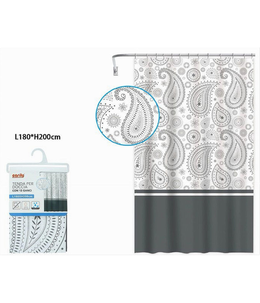 Tenda Doccia Vasca Bagno 12 Anelli 180x200 Cm Motivo Paisley Etnico Grigio 87581         