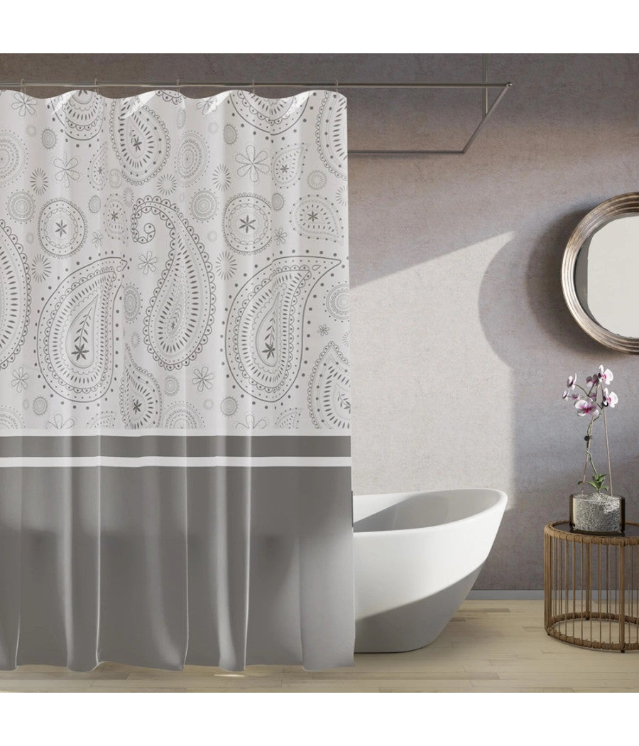 Tenda Doccia Vasca Bagno 12 Anelli 180x200 Cm Motivo Paisley Etnico Grigio 87581         