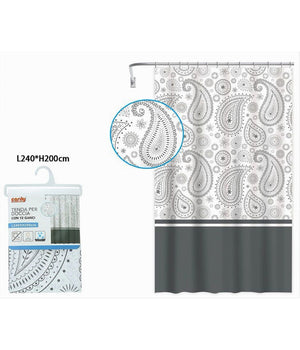 Tenda Doccia Vasca Bagno 12 Anelli 240x200cm Motivo Paisley Etnico Grigio 87582         