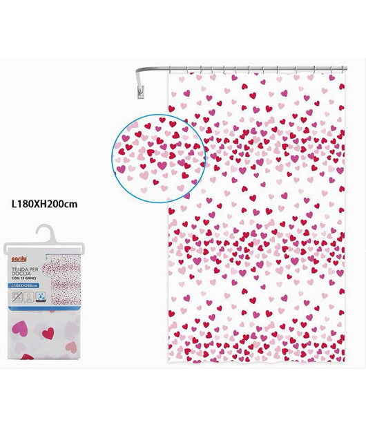 Tenda Doccia Vasca Bagno 12 Ganci Impermeabile Cuori Rossi Rosa 180x200 Cm 87561         