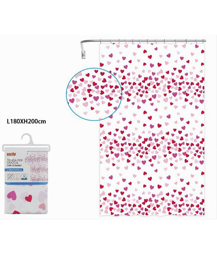 Tenda Doccia Vasca Bagno 12 Ganci Impermeabile Cuori Rossi Rosa 180x200 Cm 87561         
