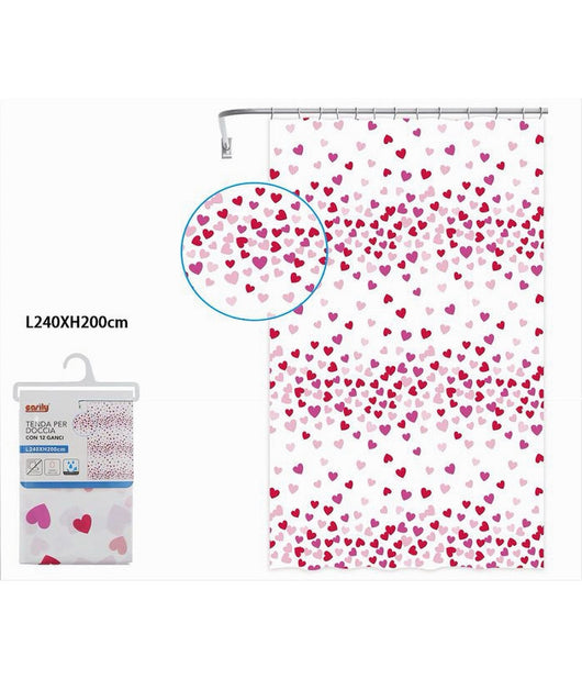 Tenda Doccia Vasca Bagno 12 Ganci Impermeabile Cuori Rossi Rosa 240x200cm 87562         