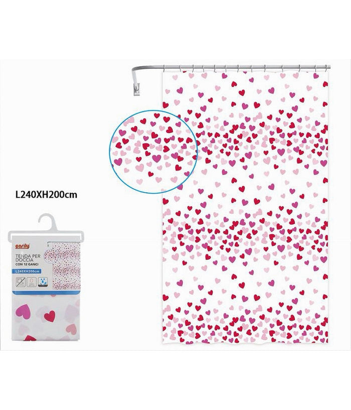 Tenda Doccia Vasca Bagno 12 Ganci Impermeabile Cuori Rossi Rosa 240x200cm 87562         