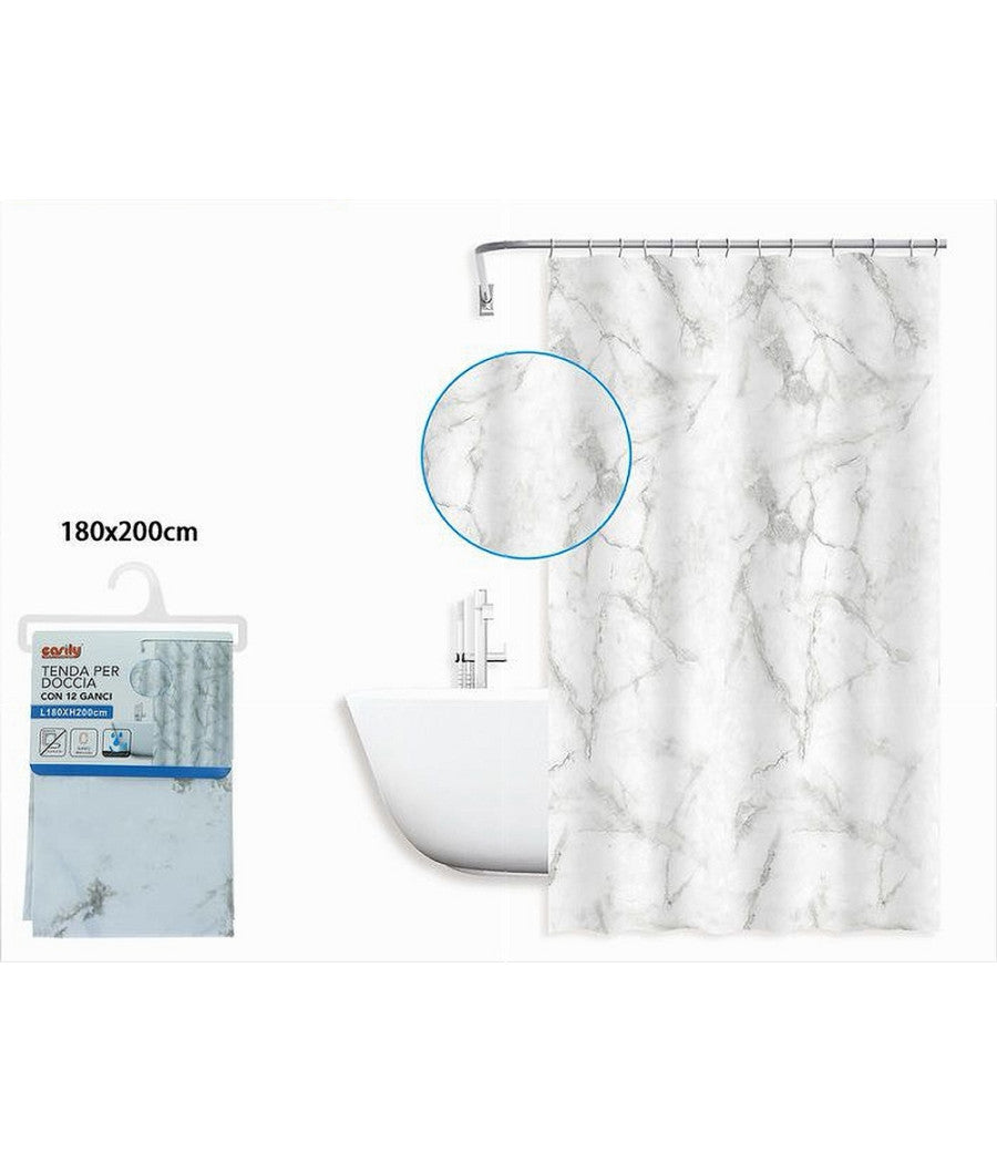 Tenda Doccia Vasca Bagno Impermeabile Marmo Bianco 180x200cm Con 12 Anelli 87593         