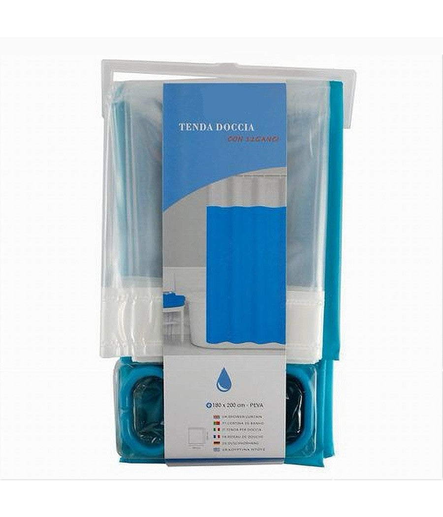 Tenda Doccia Vasca Bagno Peva Con 12 Ganci 180 X 200cm Trasparente Celeste 69494         
